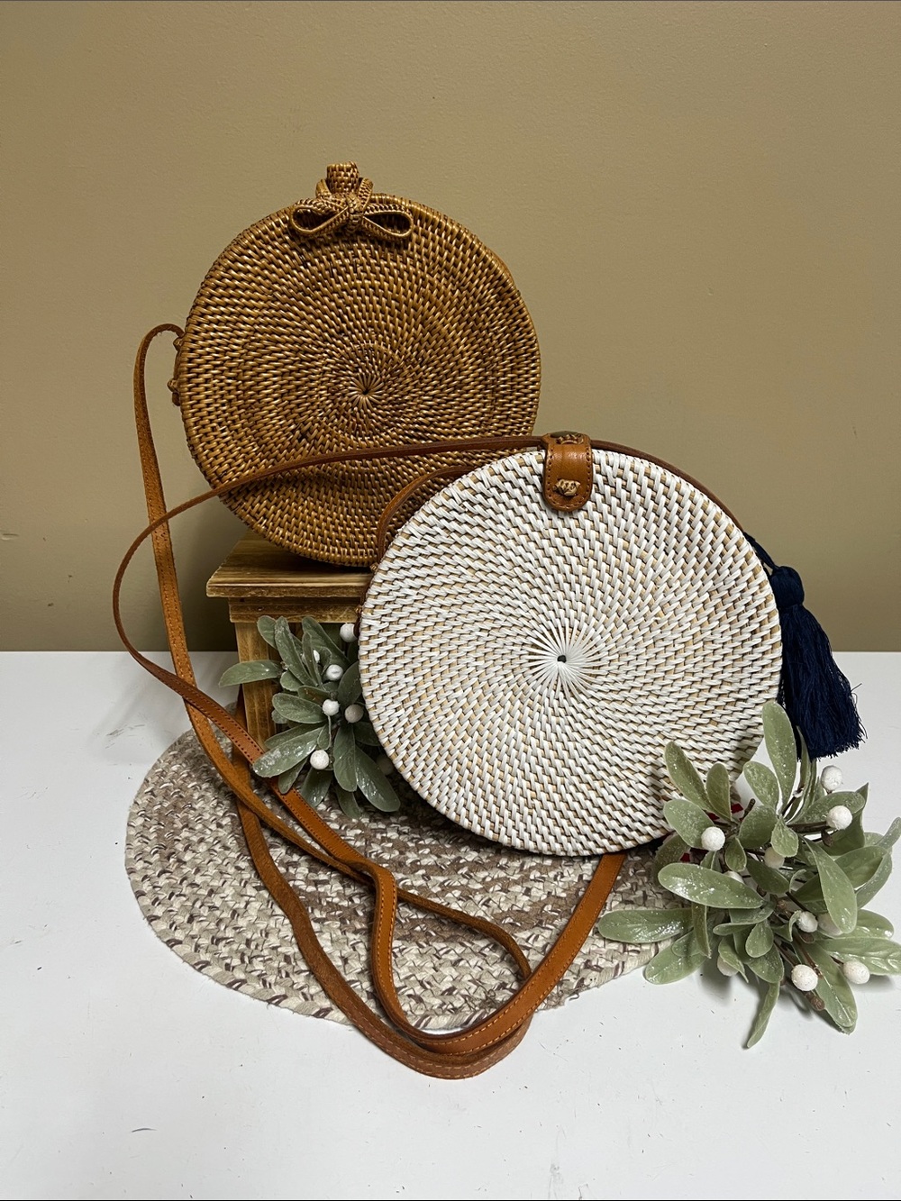Two Handwoven Rattan Round Crossbody Bags